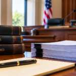Courtroom table with legal record books, transcript documents, and a notepad prepared for a legal proceeding